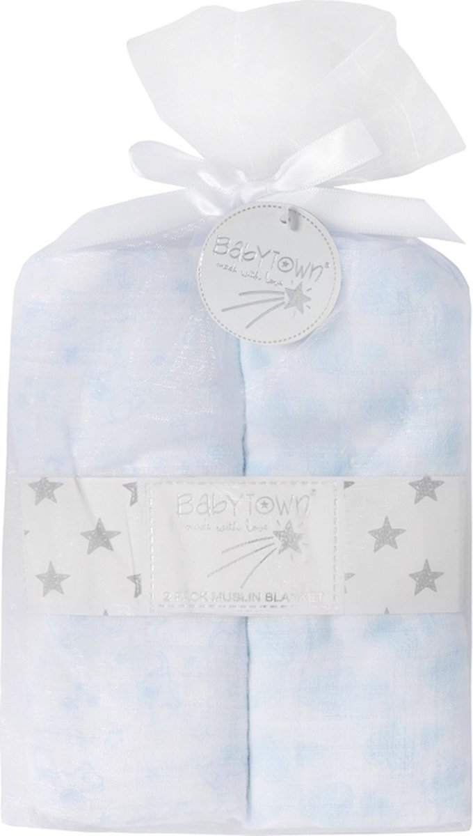 Goedkoopste Babytown 2-Pack Hydrofiele Doek 76 x 76cm Olifant & Hartjes Wit/blauw- 19C206