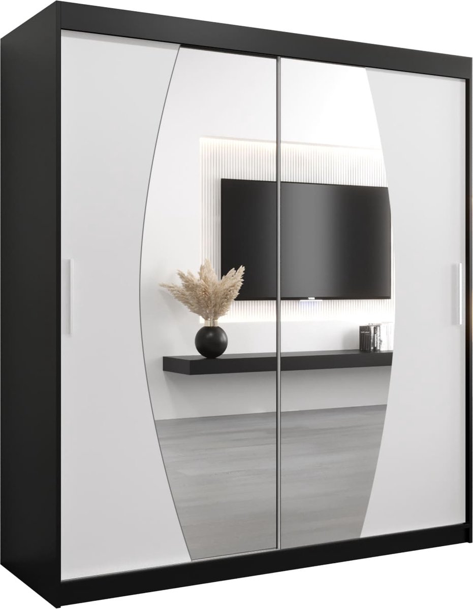 InspireME Kledingkast met 2 schuifdeuren, Modern-stijl, Een kledingkast met planken en een spiegel (BxHxD): 180x200x62 - GLOBE 180 Zwart Mat + Wit Mat