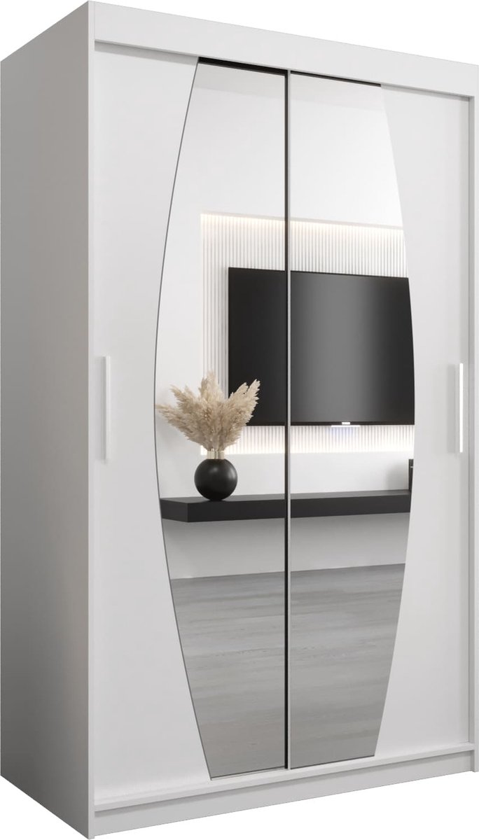 InspireME Kledingkast met 2 schuifdeuren, Modern-stijl, Een kledingkast met planken en een spiegel (BxHxD): 120x200x62 - GLOBE 120 Wit Mat