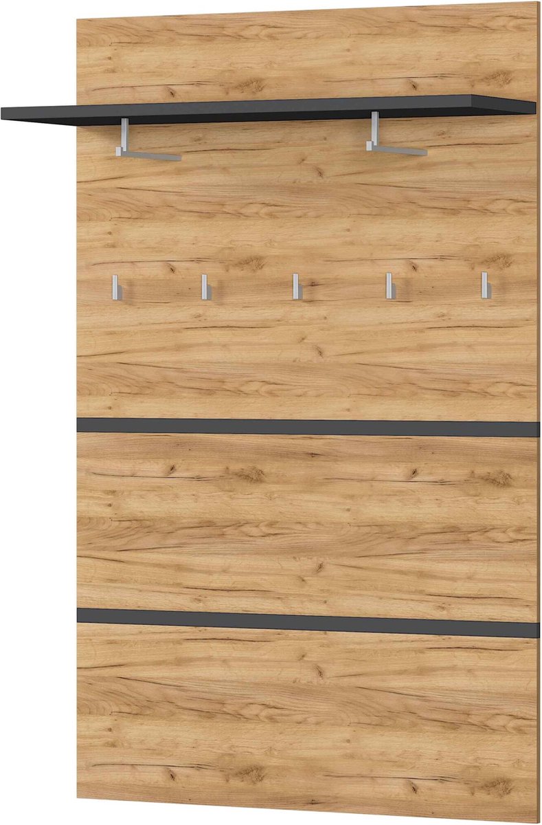 Kapstokpaneel Lazio Eiken - Grafiet - 5 haken - Breedte 96 cm - Diepte 30 cm - Hoogte 147 cm