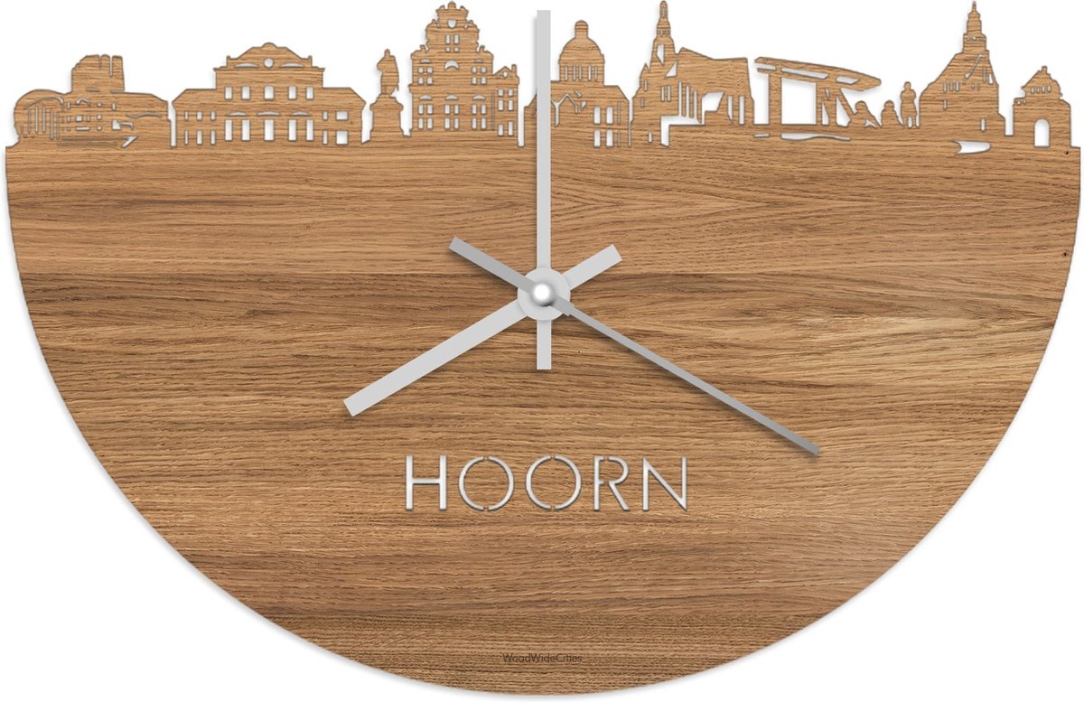 Skyline Klok Hoorn Eikenhout - Ø 40 cm - Stil uurwerk - Wanddecoratie - Meer steden beschikbaar - Woonkamer idee - Woondecoratie - City Art - Steden kunst - Cadeau voor hem - Cadeau voor haar - Jubileum - Trouwerij - Housewarming - WoodWideCities