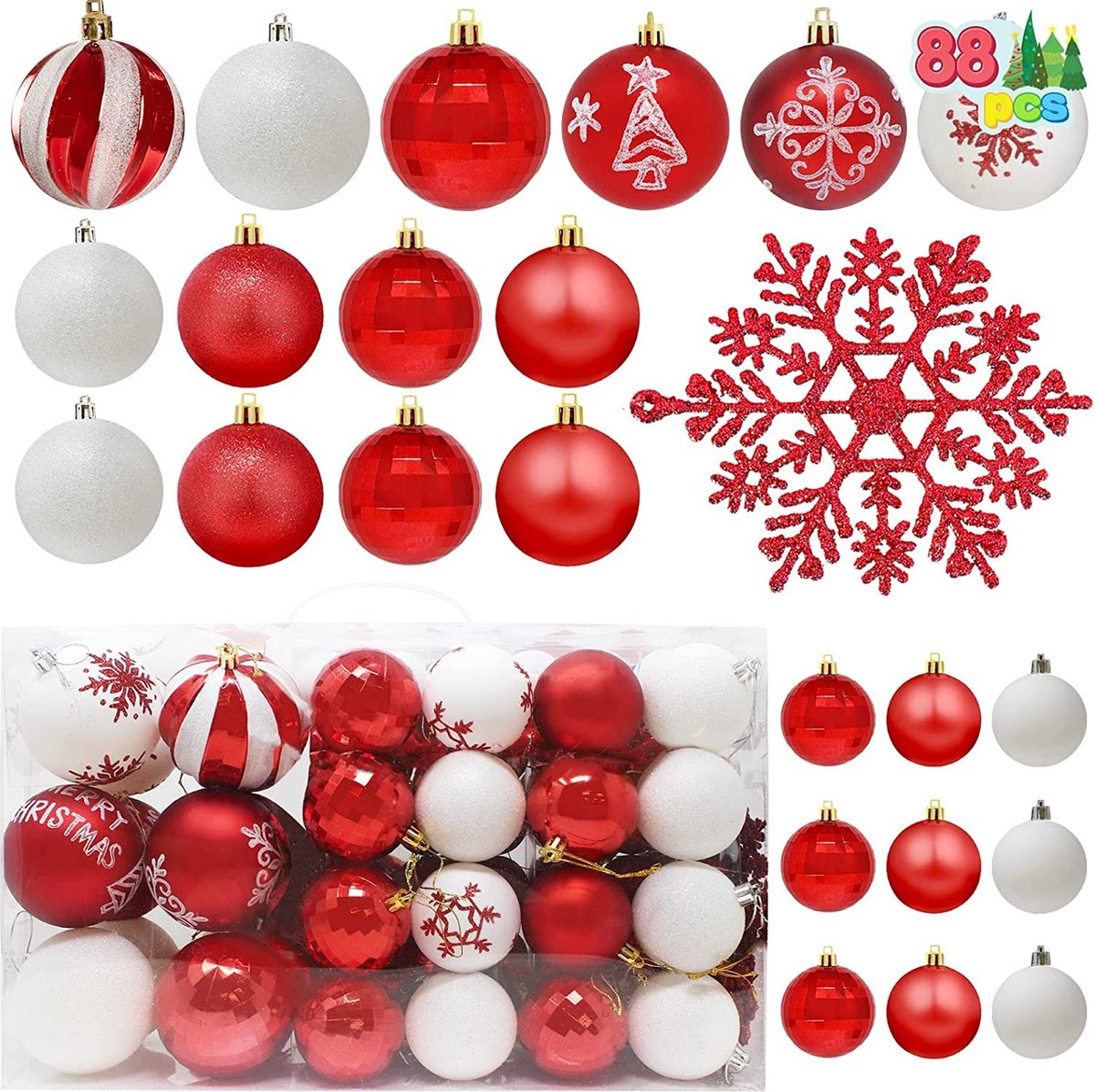 88 Stuks Kerstballen assorti onbreekbare kerst ornamenten voor feestdagen feestdecoraties voor binnen buiten boom decoraties en evenementen (rood en wit)