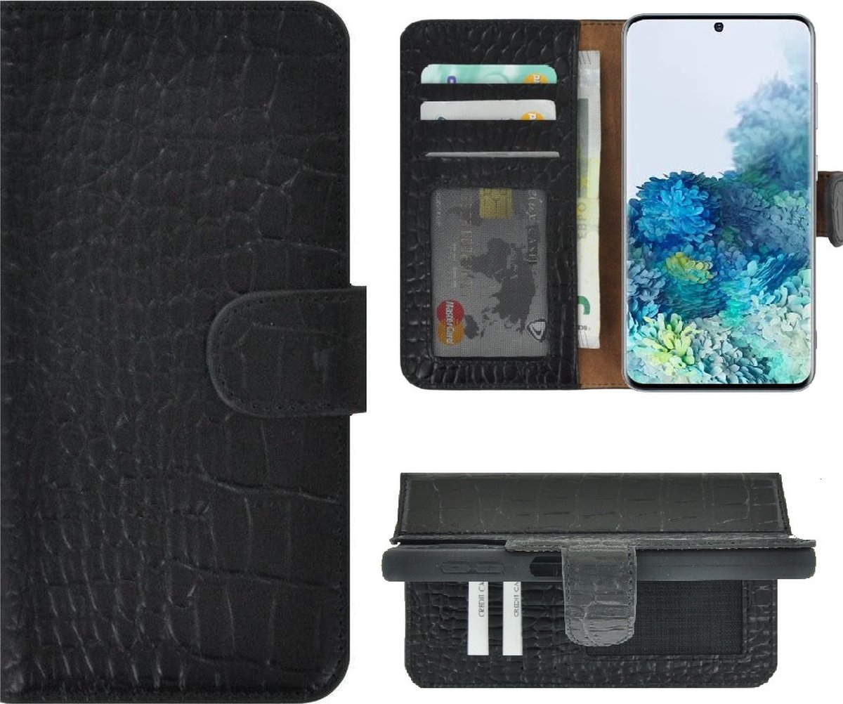 MoDo hoesje Geschikt voor Samsung Galaxy S20 FE - Echt Leer Book Case - Croco Zwart