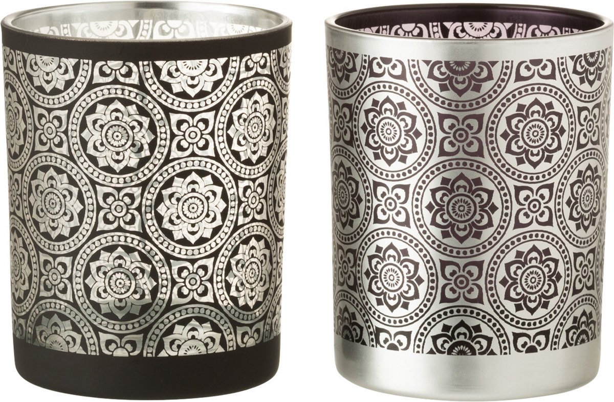 J-Line Theelichthouder Bloemenmandala Glas Zwart/Zilver Medium Assortiment Van 2