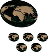 Onderzetters voor glazen - Rond - Wereldkaart - Wereldbol - Tropische planten - 10x10 cm - Glasonderzetters - 6 stuks