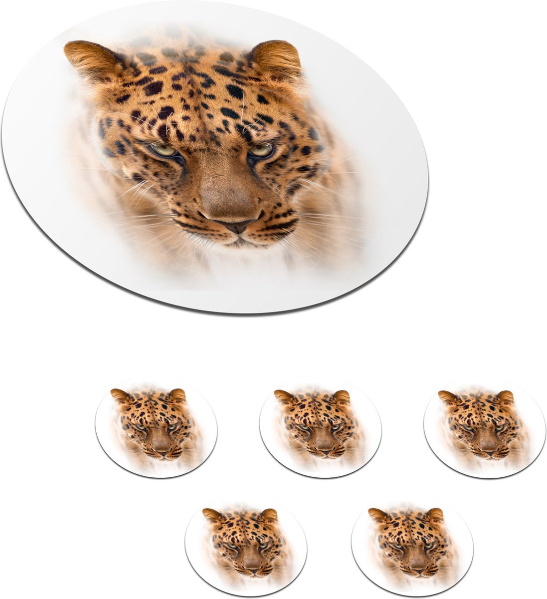 Onderzetters voor glazen - Rond - Panter - Portret - Wit - 10x10 cm - Glasonderzetters - 6 stuks