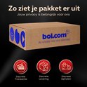 Bruine bol.com verzenddoos met privacytekst en drie iconen voor discrete transactie, levering en ophalen.