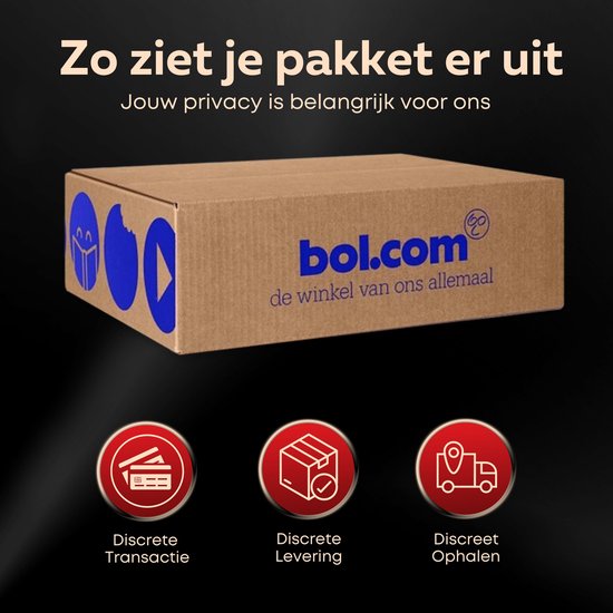 Bruine bol.com verzenddoos met privacytekst en drie iconen voor discrete transactie, levering en ophalen.