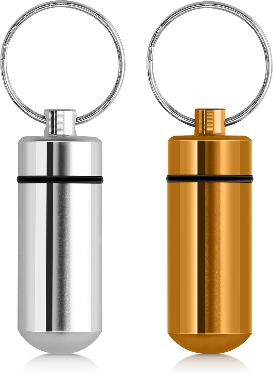 kwmobile 2 pillendoosje sleutelhanger in zilver / goud - Handig medicijndoosje voor onderweg - Pillendoosje alluminium met schroefdop