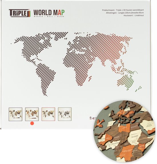 Triple J® 3D Wereldkaart - Houten wereldkaart - Muurdecoratie - Wanddecoratie - Bruin - 150cm x 95cm