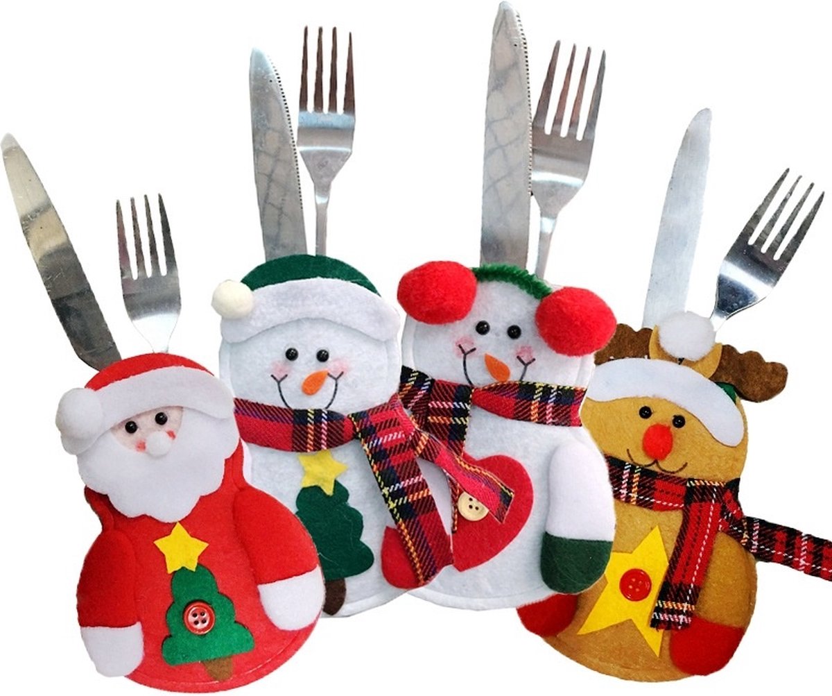 Kerst Bestekhouder Kerst Kerstdecoratie Tafel Bestek Zakjes Kerstdiner Rendier Kerstman – 4 Stuks