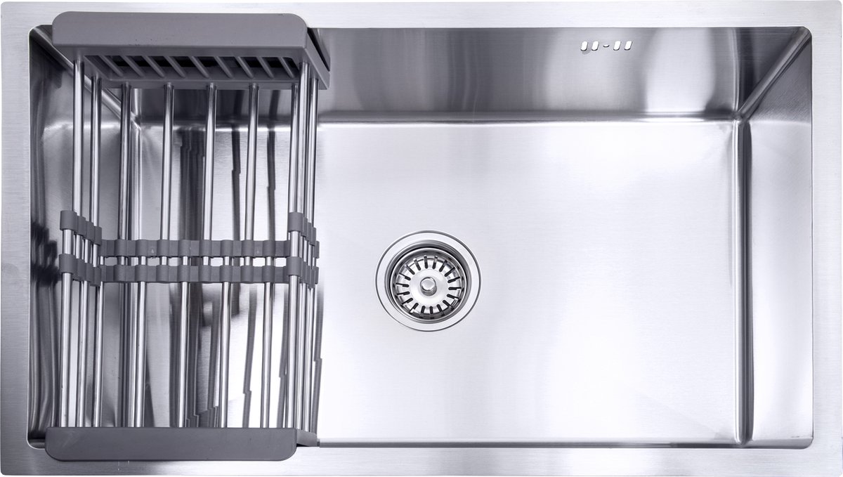 Lendo Online Spoelbak met droogrek 740x440x200mm RVS - Roestvrij staal - Wasbak met waterafvoersysteem - Gootsteen voor keuken + bevestigingshaken