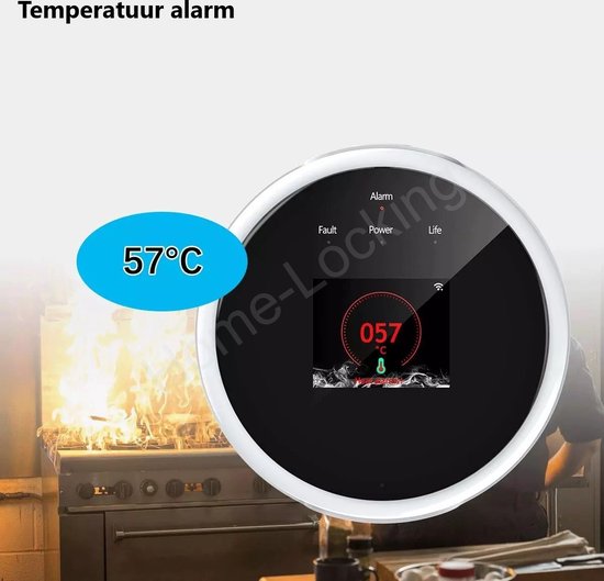 Apparaat toont 57°C met vlammen op de achtergrond, indicatie van temperatuuralarm.