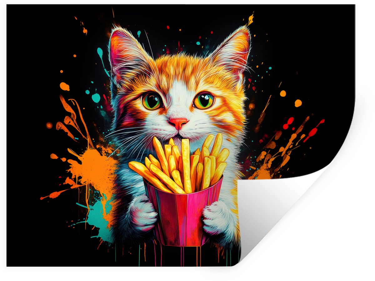 Muurstickers - Sticker Folie - Kat - Eten - Patat - Graffiti - Abstract - 40x30 cm - Plakf