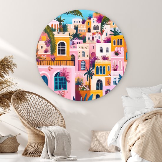 WallCircle® Cercle Mural 120x120 cm - Cercle Mural Coloré - Rose - Oranje - Jaune - Fleurs - Décoration murale salon - Décoration murale chambre - Accessoires de décoration de chambre - Tableaux ronds XXL