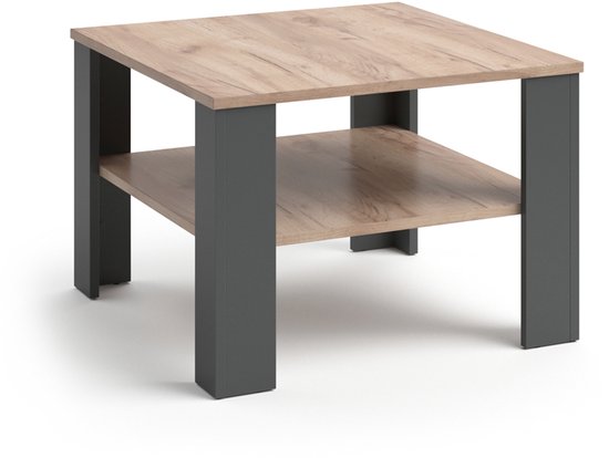 Salontafel van 60x60cm met lichtbruin houten blad en antracietkleurige poten en onderplank.