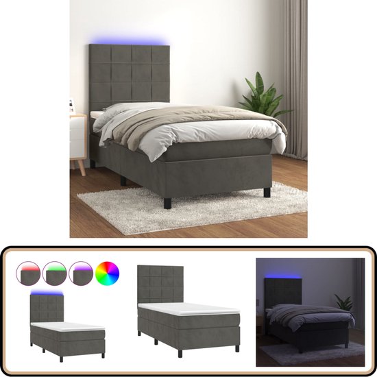 vidaXL Boxspring met LED - Donkergrijs - 90x190 cm Boxspring - Led ...