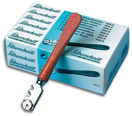 Silberschnitt glassnijder met houten handvat, in verpakking met de tekst 'Glasschneider'.