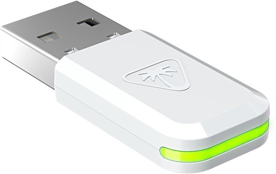 Witte USB-dongle met groen oplichtende rand en logo.