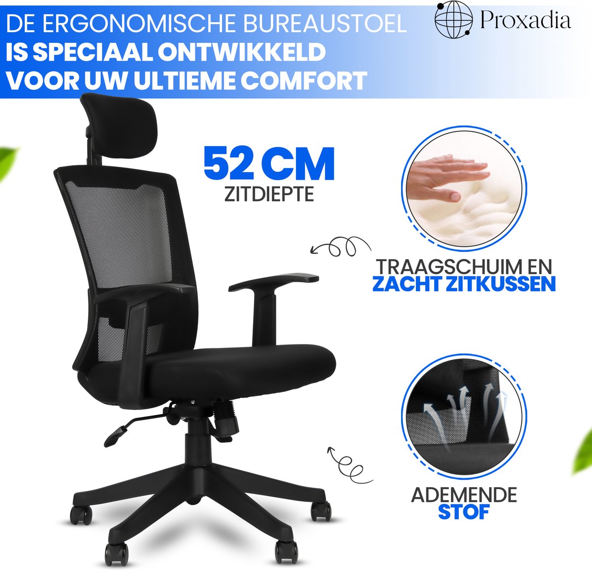 Proxadia® Ergonomische Bureaustoel met Nekkussen - Zwart - afbeelding 2
