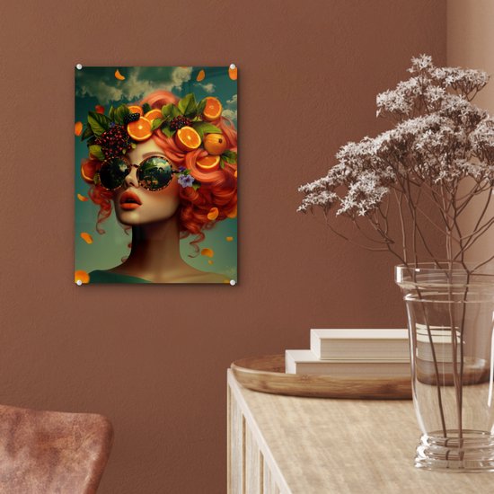MuchoWow® Glasschilderij 30x40 cm - Schilderij acrylglas - Vrouw - Sinaasappel - Bessen - Oranje - Foto op glas - Muurdecoratie woonkamer - Wanddecoratie slaapkamer - Schilderijen