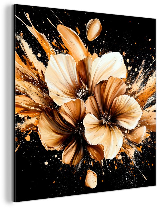 Aluminium schilderij 50x50 cm - Wanddecoratie metaal - Bloemen - Goud - Graffiti - Zwart - Abstract - Metalen muurdecoratie woonkamer - Decoratie industrieel - Foto op dibond - Industriële accessoires slaapkamer