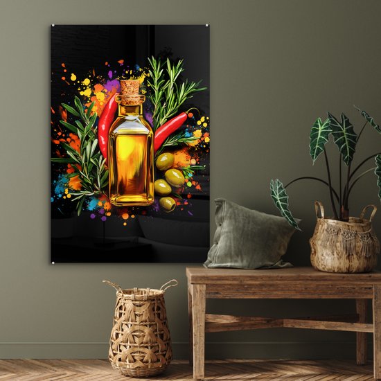 MuchoWow® Glasschilderij 80x120 cm - Schilderij acrylglas - Olijfolie - Graffiti - Peper - Olijven - Modern - Foto op glas - Muurdecoratie woonkamer - Wanddecoratie slaapkamer - Schilderijen