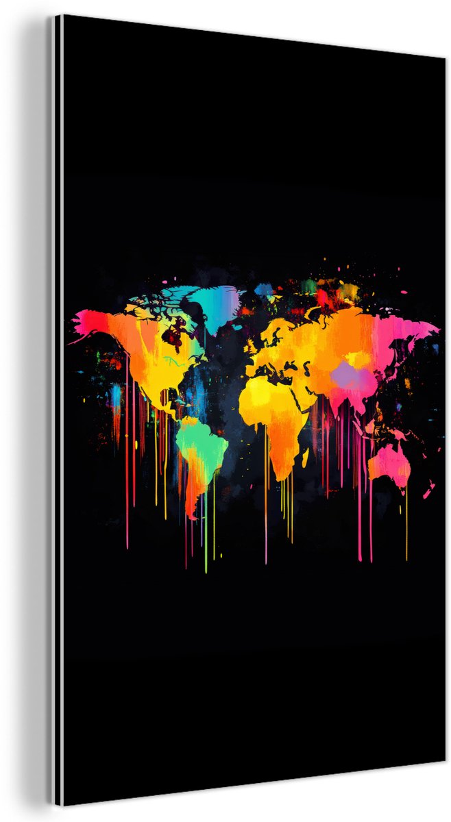 Aluminium schilderij 60x90 cm - Wanddecoratie metaal - Wereldkaart - Verf - Kleurrijk - Graffiti - Wereld - Metalen muurdecoratie woonkamer - Decoratie industrieel - Foto op dibond - Industriële accessoires slaapkamer