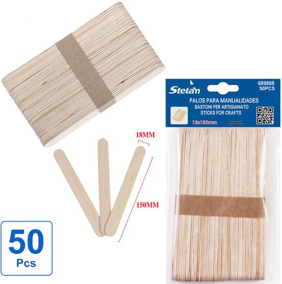 Twee afbeeldingen: een bundel knutselstokjes en een verpakking met 50 stuks. Losse stokjes met afmetingen 150x18mm.