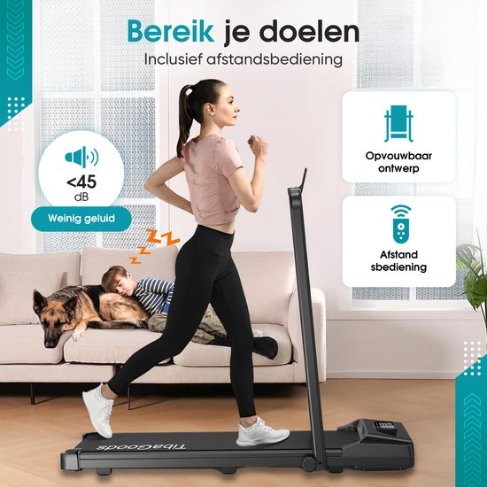 Vrouw traint op een zwarte TibaGoods loopband. Tekst "Bereik je doelen", "Opvouwbaar ontwerp" en "Afstandsbediening".