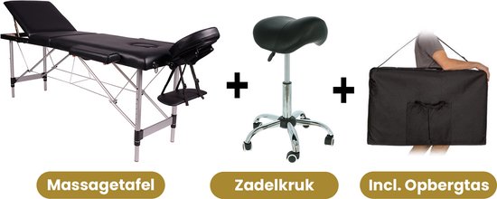 Alora Massagetafel Relax Budget + Alora zadelkruk - Tabouret – Zwart/Chrome - kruk – Kapperskruk - Max. Draagvermogen 250 KG - 8 Hoogtestanden - Incl. Opbergtas - massage bed