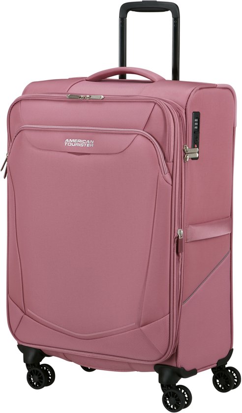 Roze American Tourister koffer met uitschuifbare handgreep en vier wielen.