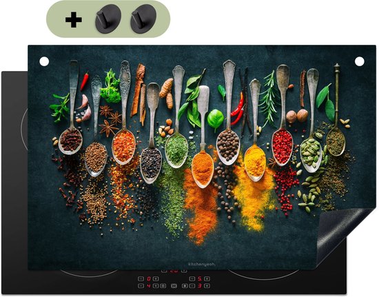 KitchenYeah® Protection plaque induction 80x52 cm - Épices - Cuillères - Colorées - Protege plaque de cuisson - Couvre plaque induction - Protecteur d'induction - Cuisine