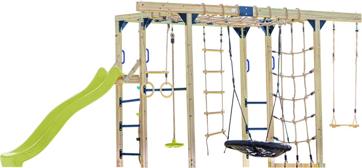 AXI Boris Klimtoestel Bruin met Schommels en Trapeze – Limoen groene Glijbaan – Monkey Bars en Klimnetten – Duikelstang – Diverse Ladders