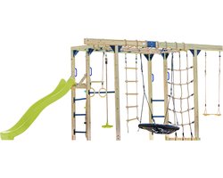AXI Boris Klimtoestel Bruin met Schommels en Trapeze – Limoen groene Glijbaan – Monkey Bars en Klimnetten – Duikelstang – Diverse Ladders