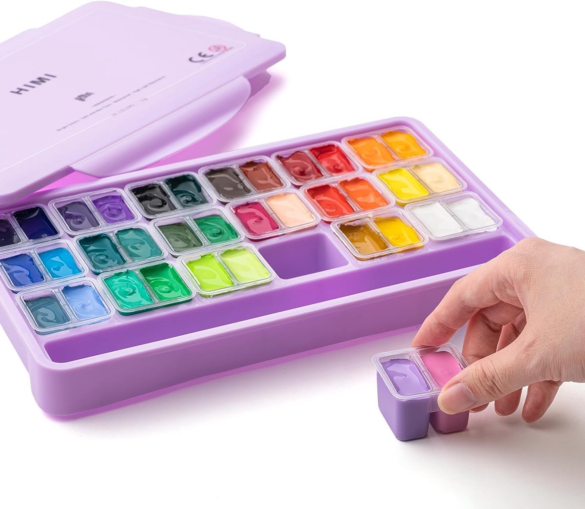 HIMI - Gouache - Twin split cups - set van 36 kleuren - 12g - 3 penselen - Lila — afbeelding 6