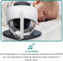 Babyfoon camera boven slapende baby. 'Slaapliedjes' icoon met muzieknoot.