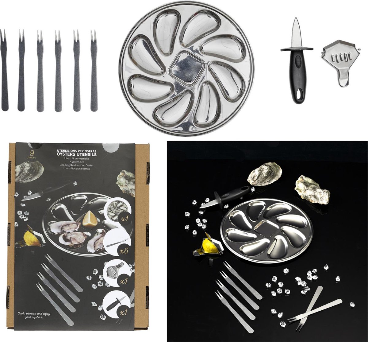 Oesterservies 9-delig - Complete Set met Oestermes, Citruspers, Serveerschaal & Vorkjes - Luxe Cadeauset - Zilver