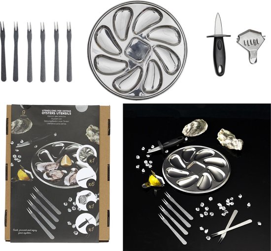 Oesterservies 9-delig - Complete Set met Oestermes, Citruspers, Serveerschaal & Vorkjes - Luxe Cadeauset - Zilver