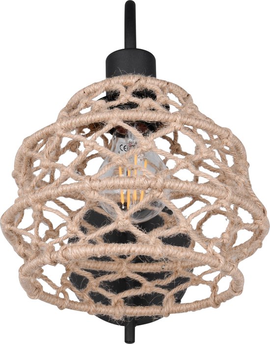 Zwart metalen armatuur met een kap van naturel touw in macramé-stijl, E27 lamp zichtbaar.