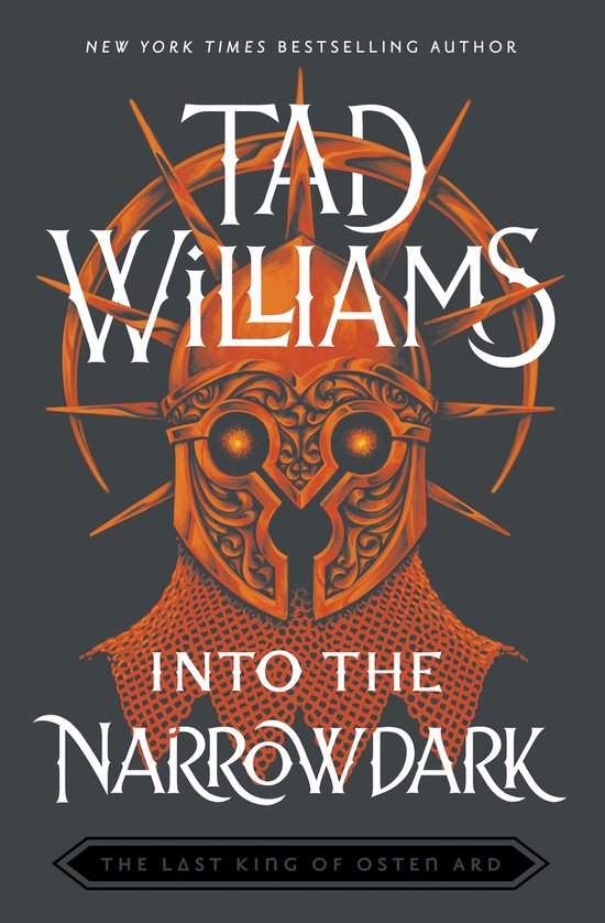 Boekomslag van 'Into the Narrowdark' met een oranje helm met puntige versieringen en een kettingschort.