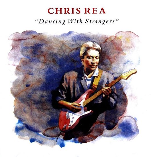 Illustratie van Chris Rea die een rode elektrische gitaar bespeelt tegen een abstracte achtergrond.