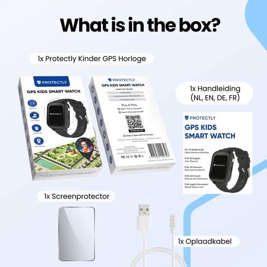 Inhoud van de verpakking: Protectly GPS horloge, handleiding, screenprotector en oplaadkabel.