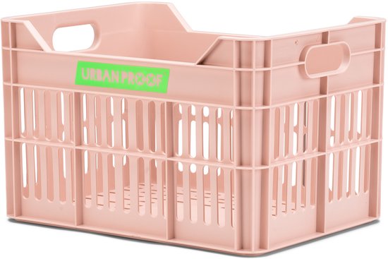 Lichtroze krat met groen logo 'URBAN PROOF'.