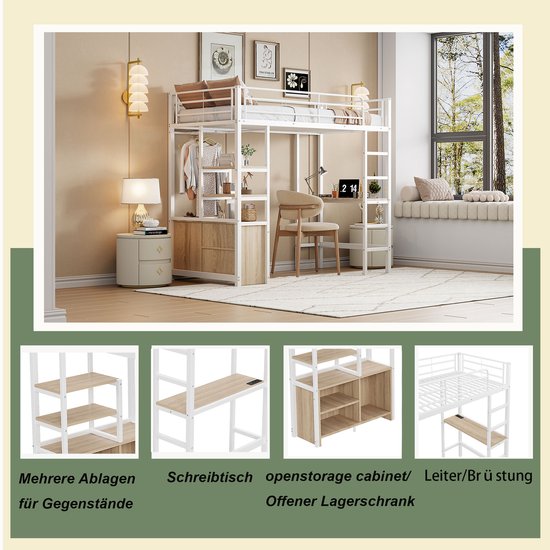 Kinderhoogslaper - 90 X 200 Cm - Ijzeren Frame - Met Plank Opbergladder Ledverlichting Bureau Usb Poort Metaal Zwart