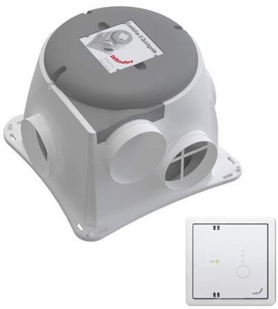 Witte ventilatie-unit met grijze deksel en vier ronde aansluitingen. Naast de unit een witte CO2-sensor.
