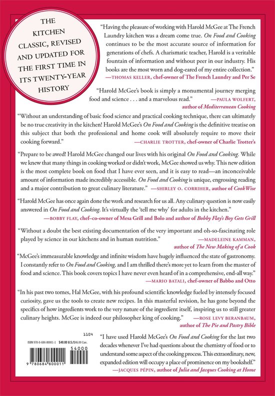 Achterkant van "The Kitchen Classic, Revised and Updated for the First Time in Its Twenty-Year History" door Harold McGee. Boek recensies.