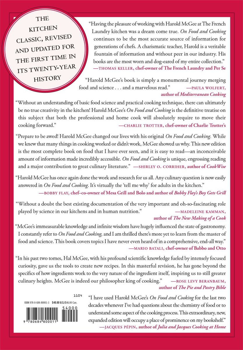 Achterkant van "The Kitchen Classic, Revised and Updated for the First Time in Its Twenty-Year History" door Harold McGee. Boek recensies.