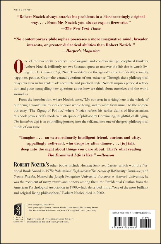 Achterkant van de 'The Examined Life' boekhoes met citaten en tekst over de auteur Robert Nozick.