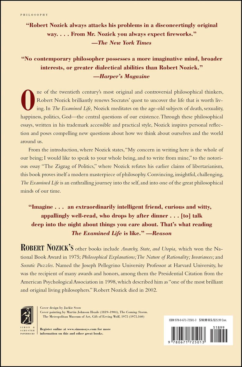 Achterkant van de 'The Examined Life' boekhoes met citaten en tekst over de auteur Robert Nozick.